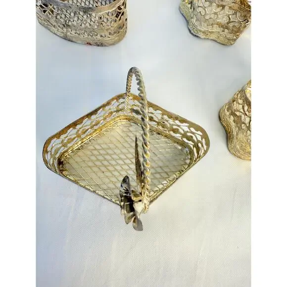 Set of 4  Silver Plated Metal Rose Handle Decorative Trinket Baskets - Picture 5 of 14